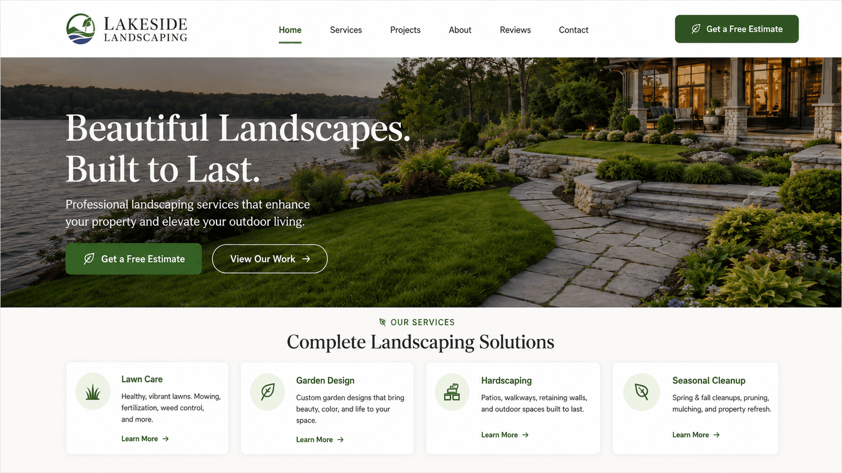 Modern demonstration website for Lakeside Landscaping with a landscaped waterfront hero, a free-estimate call to action and a four-card services section